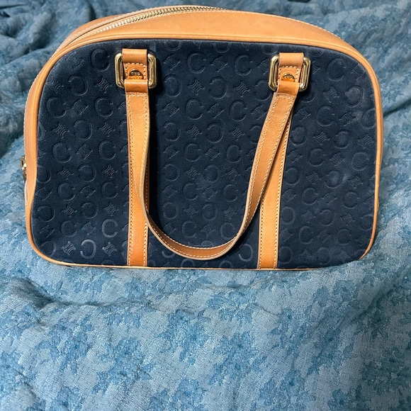 Vintage Celine Navy Velvet and Tan Shoulder Bag - Picture 2 of 6